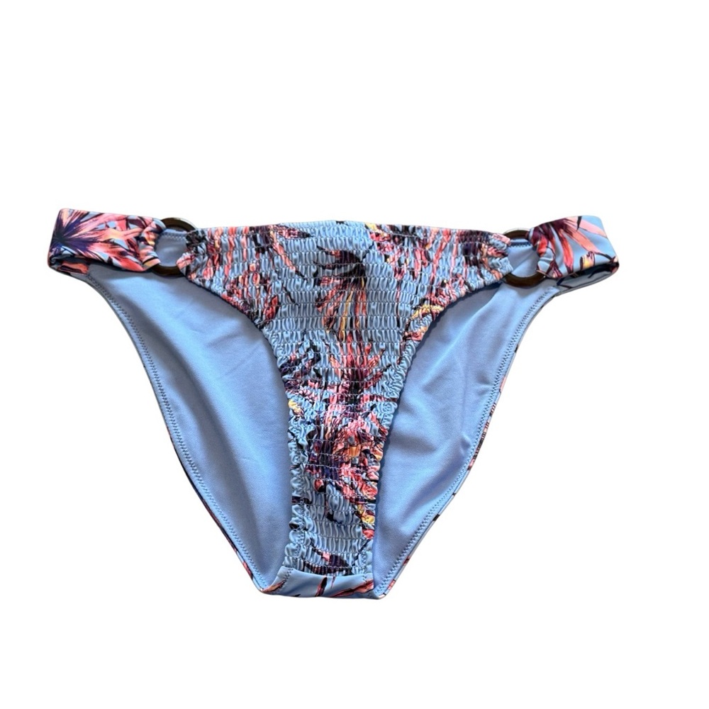 Jessica Simpson Blue Tropical Floral Ruched Bikini Bottoms Size L Ring Side